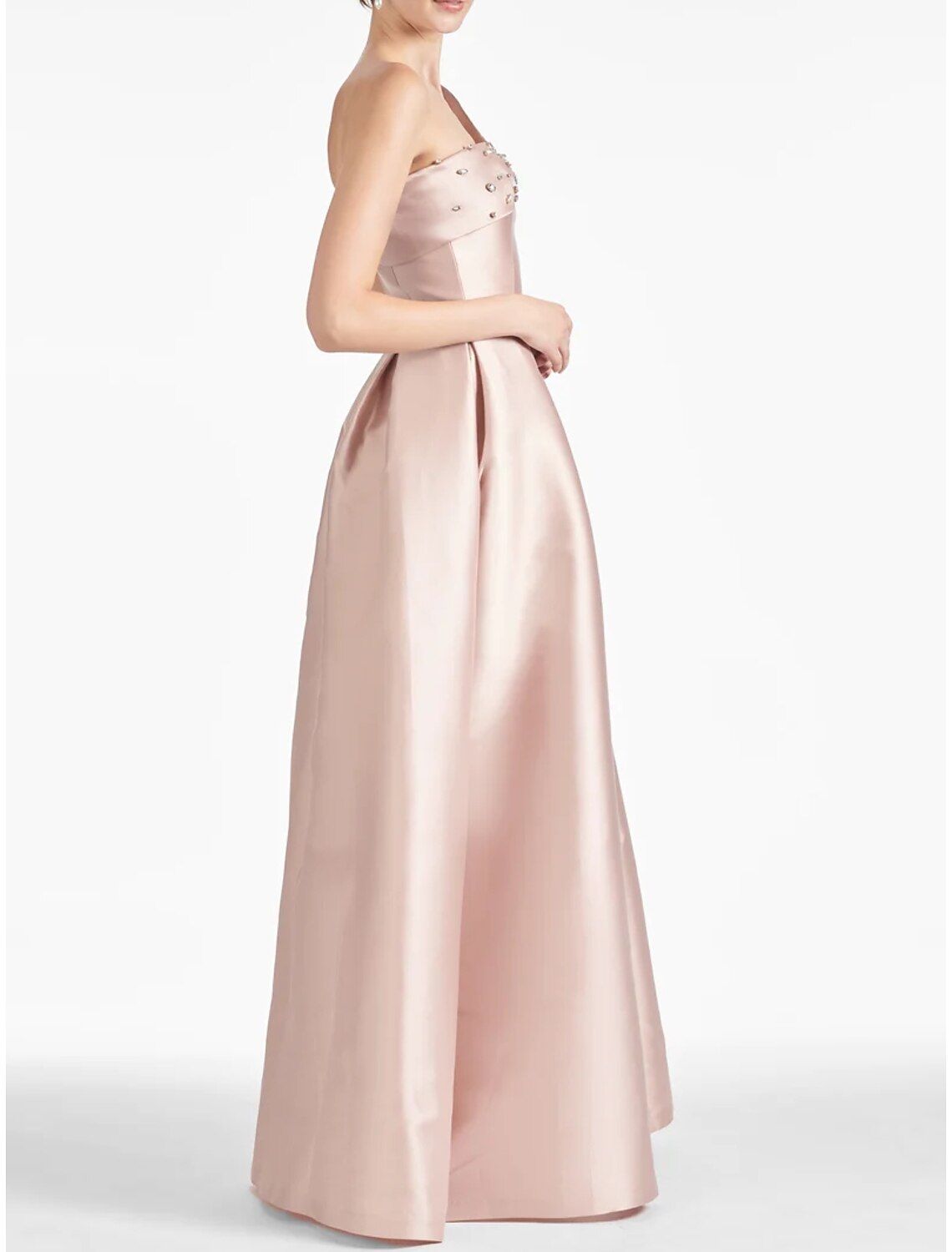 Abito da sera a trapezio con spacco alto, formale, lungo fino al pavimento, senza maniche, monospalla, in raso con cristalli e spacco